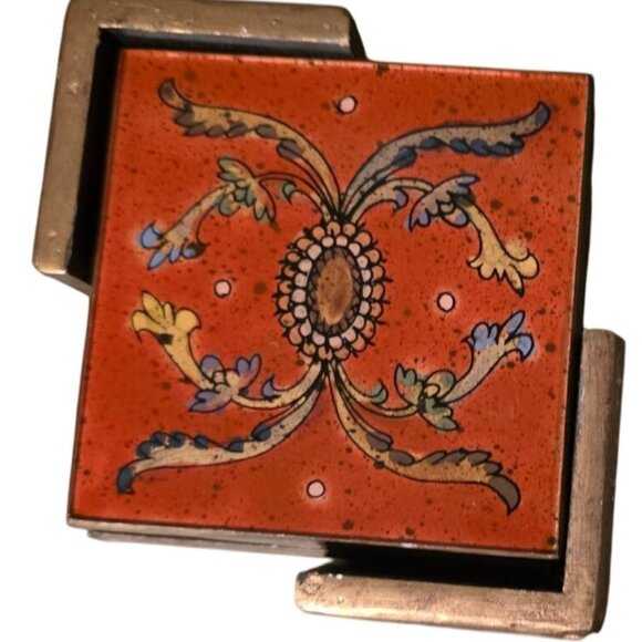 4 Vintage Coasters Square Floral Gold French Country & Holder 4x4 Inches - Picture 2 of 7